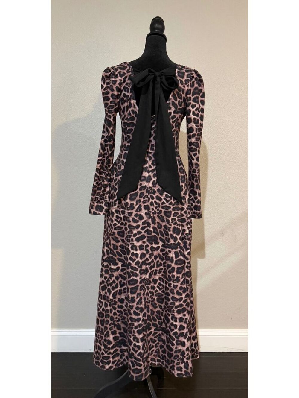Leopard Maxi Dress Oversized Black Bow Back Square Neck